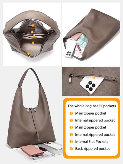 Zency Genuine Leather Hobo Bag – Large Capacity Cowhide Shoulder Tote for Women