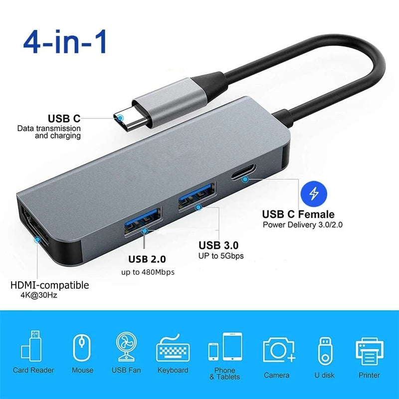 USB-C Hub Adapter – 4K HDMI, SD/TF Card Reader, USB 3.0 & Charging Dock for MacBook & Devices