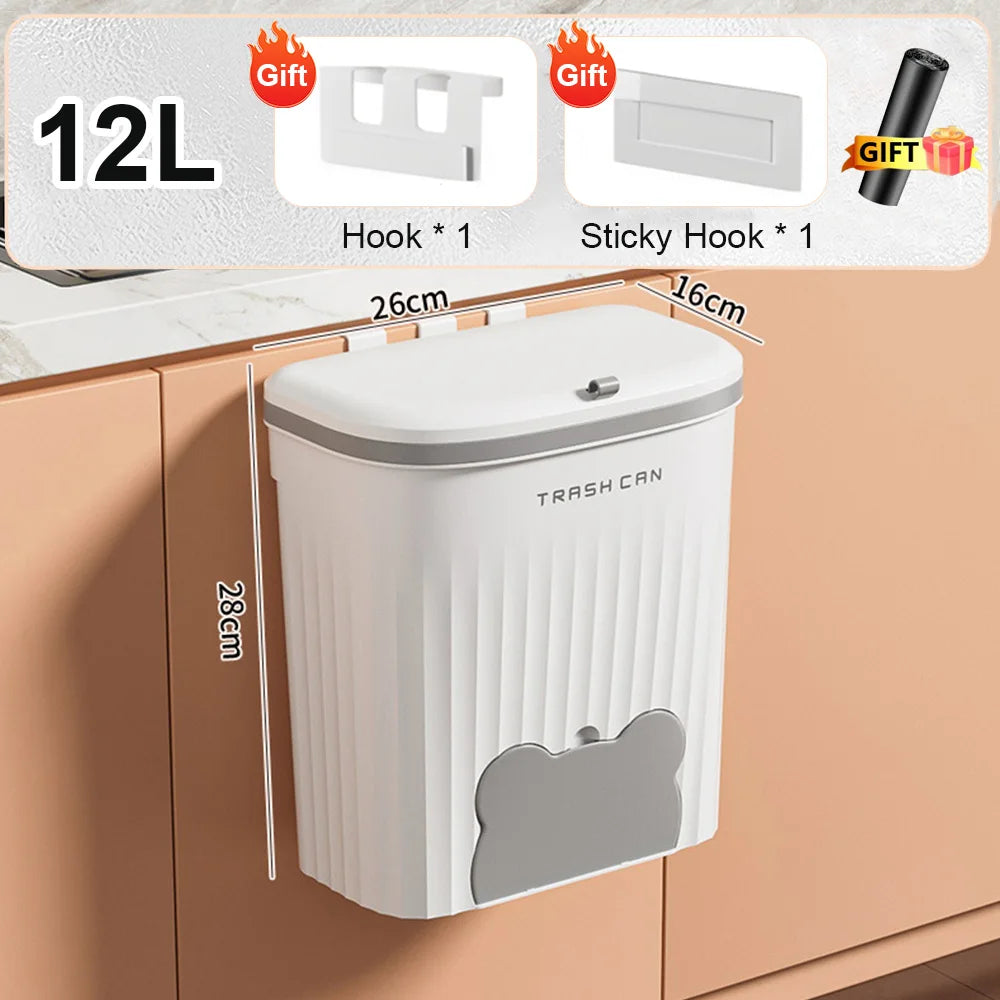 Wall Mounted Trash Can with Lid – 8.5/12L Kitchen & Bathroom Cabinet Bin