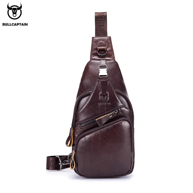 BULLCAPTAIN Genuine Leather Men’s Chest Bag – Large Capacity Casual Crossbody Sling Bag