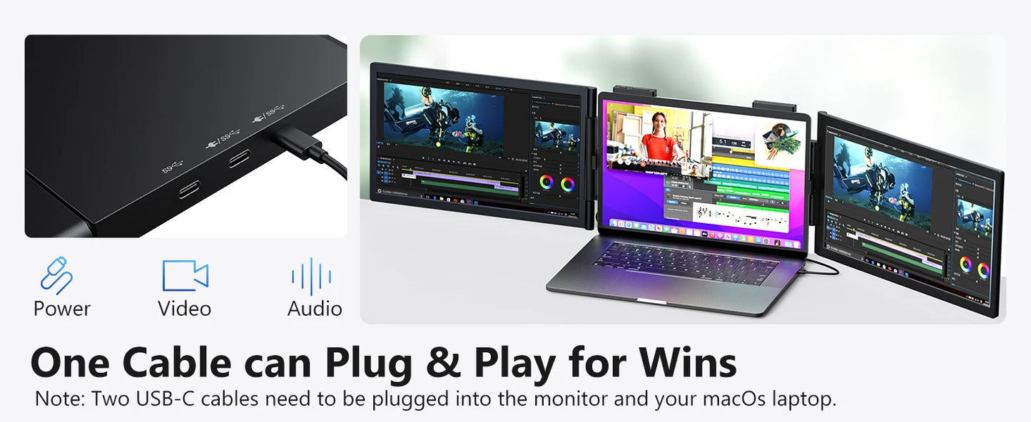 Amoudo 14” Dual Portable Monitor – FHD 1080P IPS Triple Screen for Laptops (USB-C)