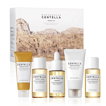 🌿 SKIN1004 Madagascar Centella Travel Kit – Mini 5pcs Skincare Set (Toner, Ampoule, Cream & Cleanser)