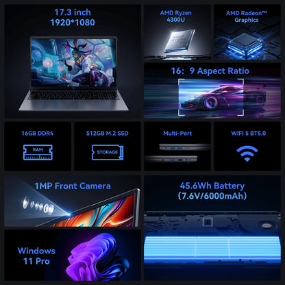 KAMRUI Laptop FHD17.3" Ultar Slim AMD Ryzen3 4300U/Intel N95 16GB DDR4 512GB SSD Max 3.7GHz Radeon Vega5 Win11pro Wifi5 Notebook