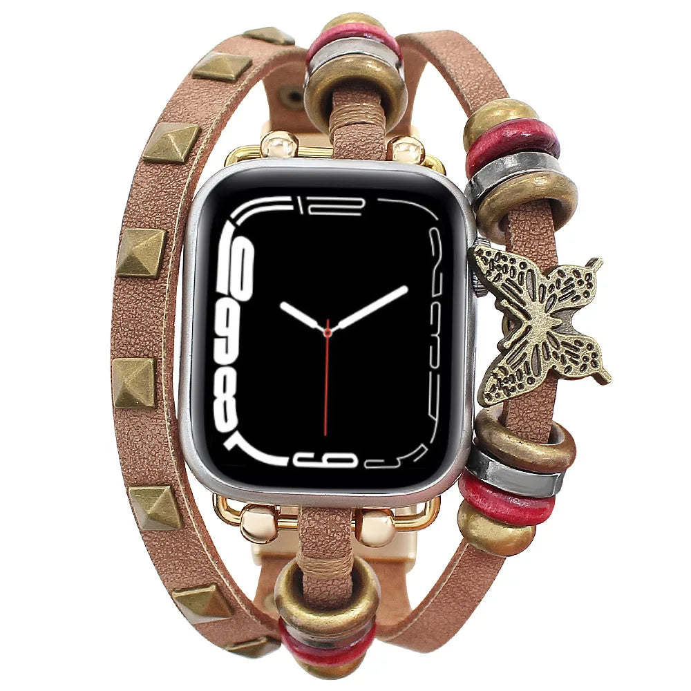 Retro Leather Metal Bracelet Strap for Apple Watch — Ultra/Series 10/9/SE/7/6/5/4 · 49/46/45/44/42/41/40mm