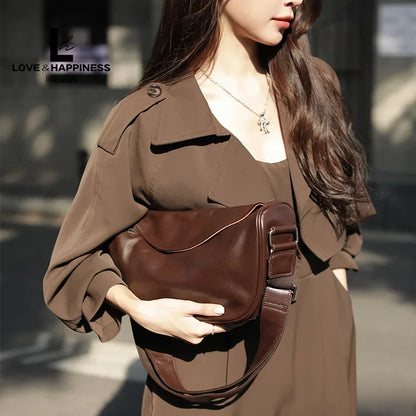 Genuine Leather Crossbody Saddle Bag – Luxury Cowhide Large Capacity Shoulder Handbag
