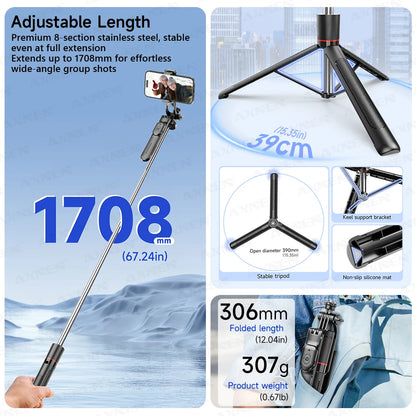 F16 Selfie Stick Tripod – 170cm Extendable with Bluetooth Remote & 360° Rotation