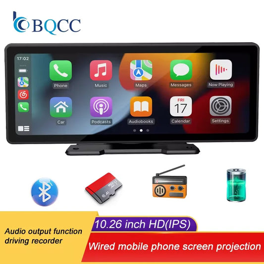 BQCC 10.26” Wireless CarPlay Screen – Portable Car Display with Rear Camera & Android Auto
