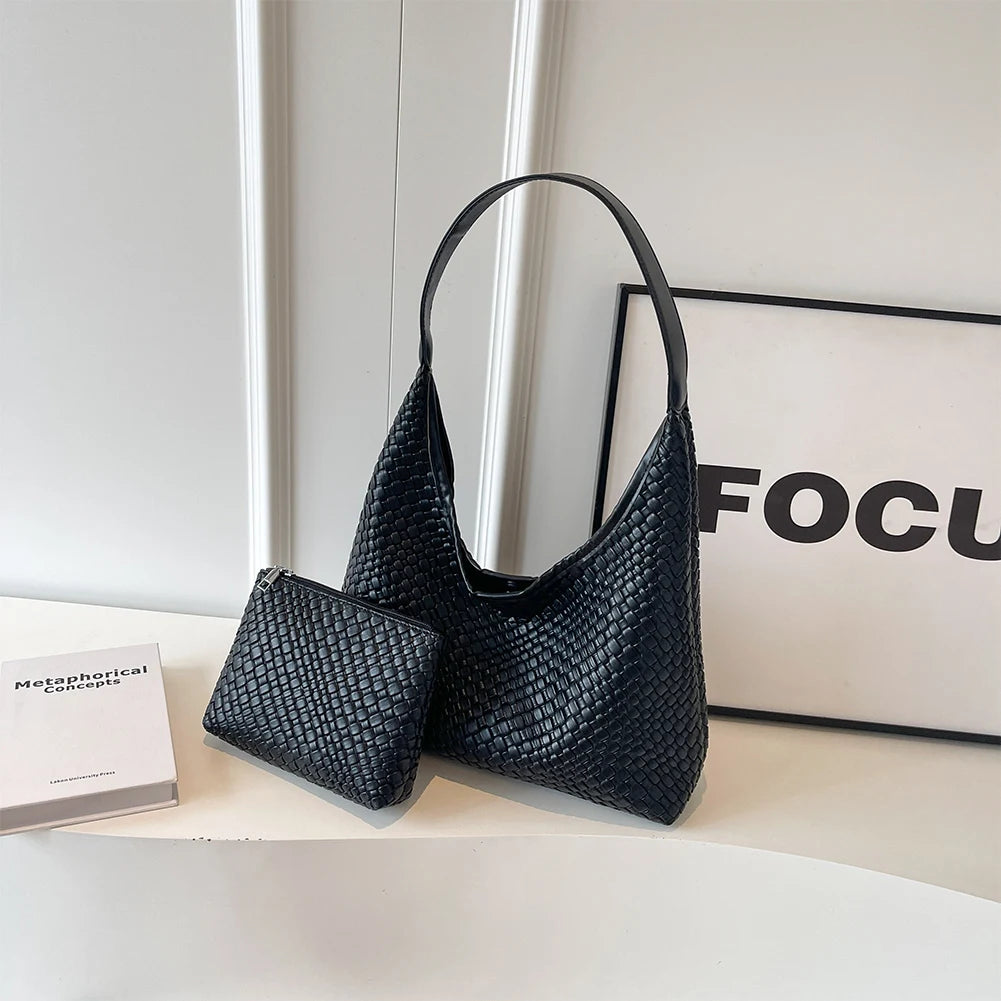 Stylish Women Large Shoulder Bag with Pouch Trendy PU Woven Tote Satchel Bag for Everyday Use and Shopping