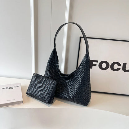 Stylish Women Large Shoulder Bag with Pouch Trendy PU Woven Tote Satchel Bag for Everyday Use and Shopping