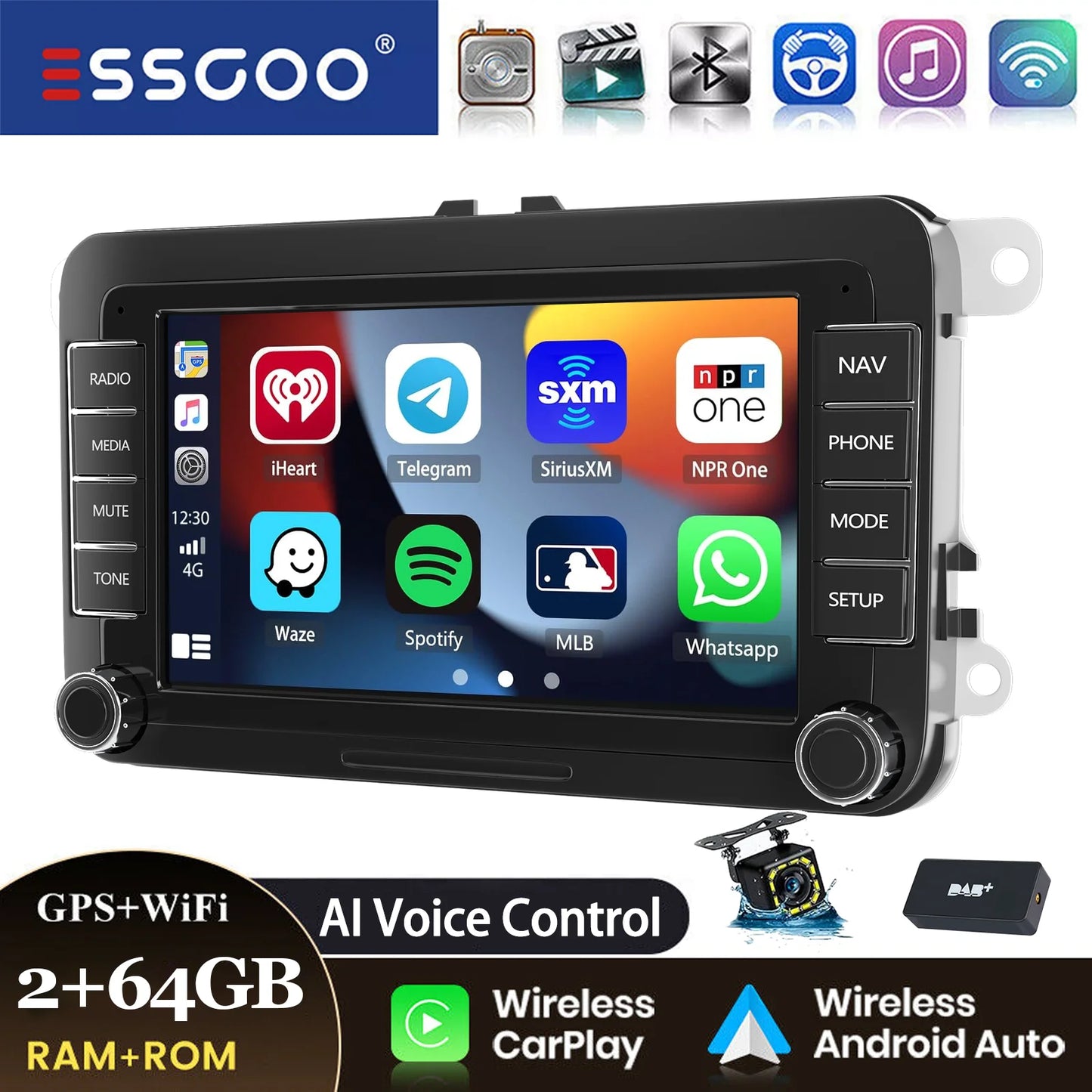 ESSGOO 7" Android14 Carplay Car Stereo GPS NAV RDS FM BT for VW Golf 5 6 Passat Polo 6R Touran Tiguan Caddy EOS Jetta Seat Skoda