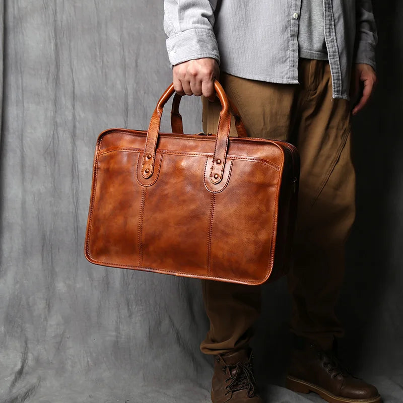 NZPJ Retro Men's Briefcase Top Layer Cowhide Handbag Travel Bag Handmade Leather Laptop Business Bag Shoulder Crossbody Bag