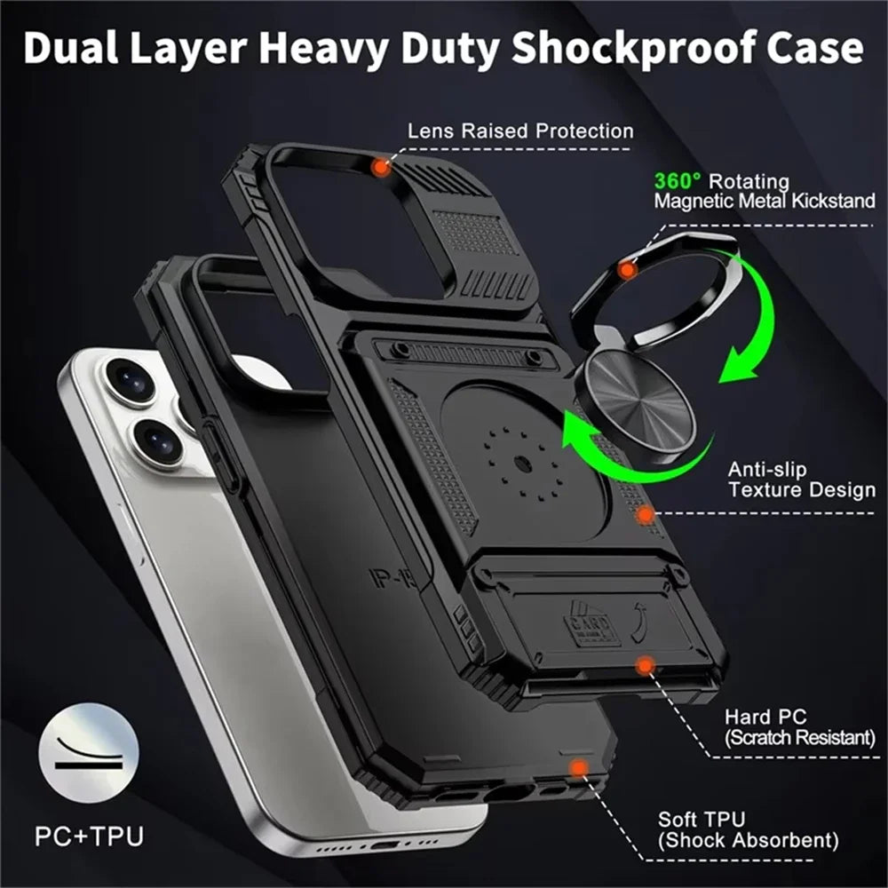 Case For iPhone 17 16 15 14 13 Pro Max Plus 17 Air Magnetic Rotated Ring Kickstand Heavy Duty Drop Protection Wallet Armor Cover