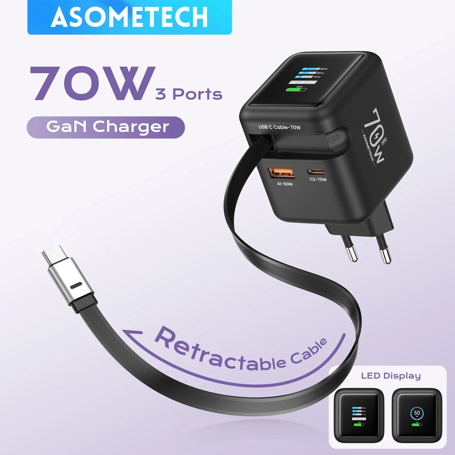 70W GaN 3-in-1 Fast Charger with Retractable USB-C Cable – PD3.0 QC4.0 for iPhone, Xiaomi & Laptop