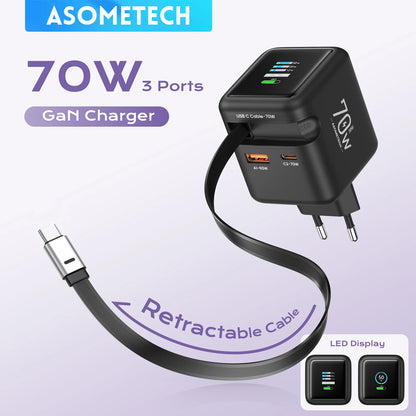 70W GaN 3-in-1 Fast Charger with Retractable USB-C Cable – PD3.0 QC4.0 for iPhone, Xiaomi & Laptop