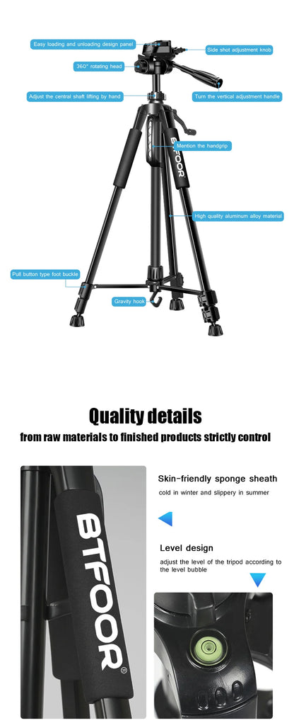 55” Aluminum Tripod Stand – 140cm Camera & Phone Tripod with Pan Head & Quick Release Plate