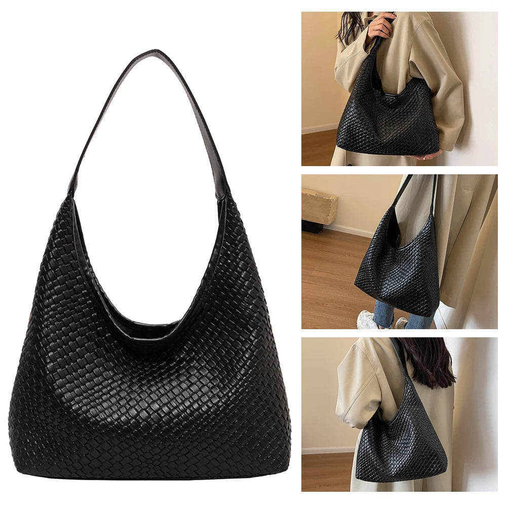 Stylish Women Large Shoulder Bag with Pouch Trendy PU Woven Tote Satchel Bag for Everyday Use and Shopping