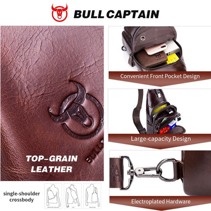 BULLCAPTAIN Genuine Leather Men’s Chest Bag – Large Capacity Casual Crossbody Sling Bag