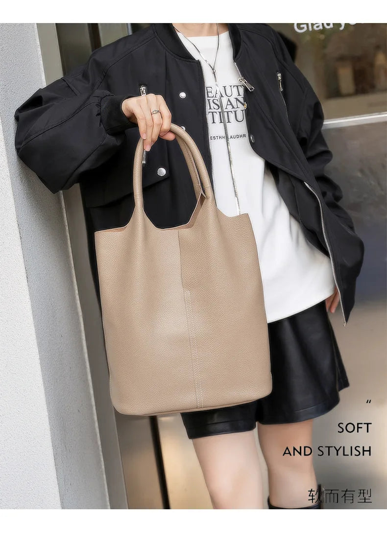 Genuine Leather Bucket Tote Bag – Luxury Cowhide Shoulder Shopper for Women