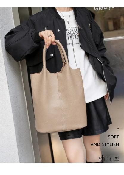 Genuine Leather Bucket Tote Bag – Luxury Cowhide Shoulder Shopper for Women