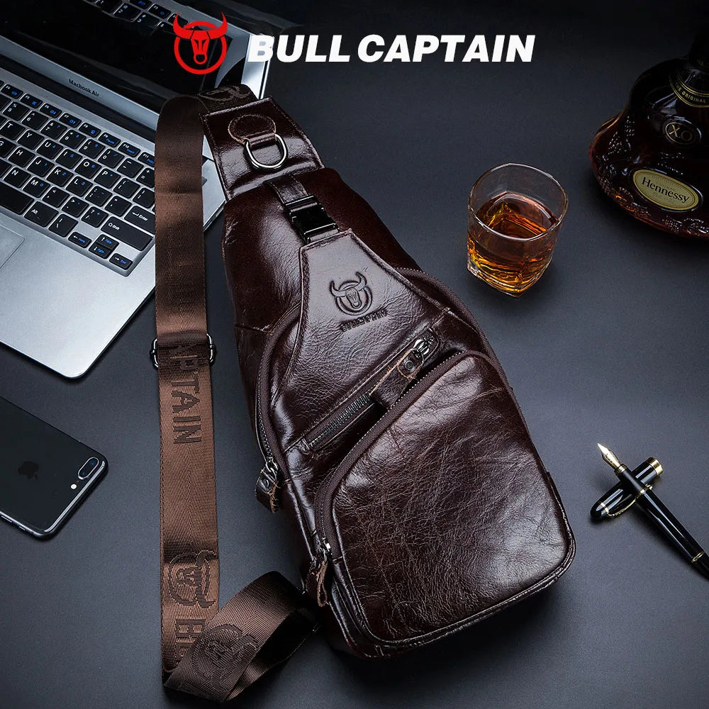 BULLCAPTAIN Genuine Leather Men’s Chest Bag – Large Capacity Casual Crossbody Sling Bag