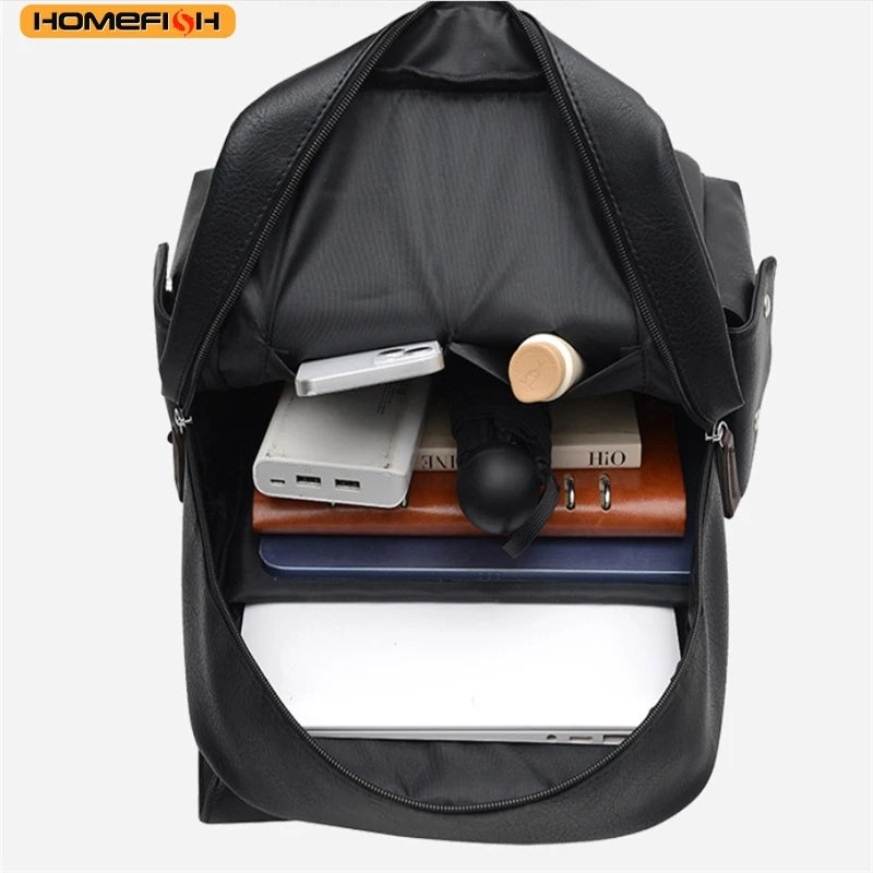 HOMEFISH Men Backpack PU Leather Bagpack Large Laptop Backpacks Male Mochilas Black Schoolbag For Teenagers Boys Brown Sac A Dos