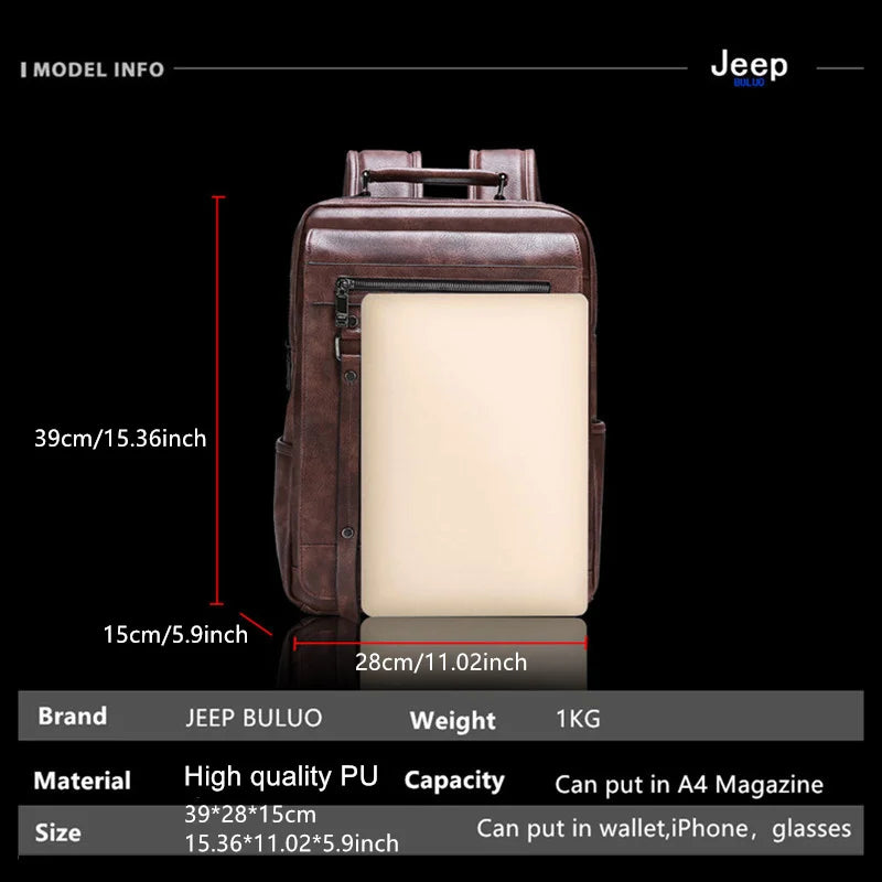 JEEP Brand Men leather backpacks Urban fashion 14inches laptop school bags Business casual Waterproof mochila EASTPAK 30L New
