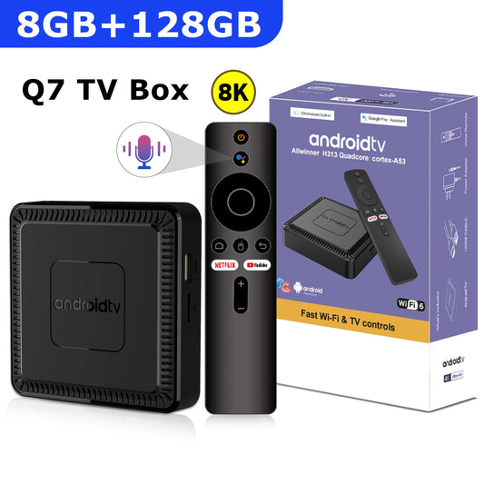 Q7 Kutia TV e Re Android 14 8GB+128GB Smart Network Set-Top Box Mbështet WiFi 6 Bluetooth 5.0 4K HDR10 TV Box me Kontroll me Zë
