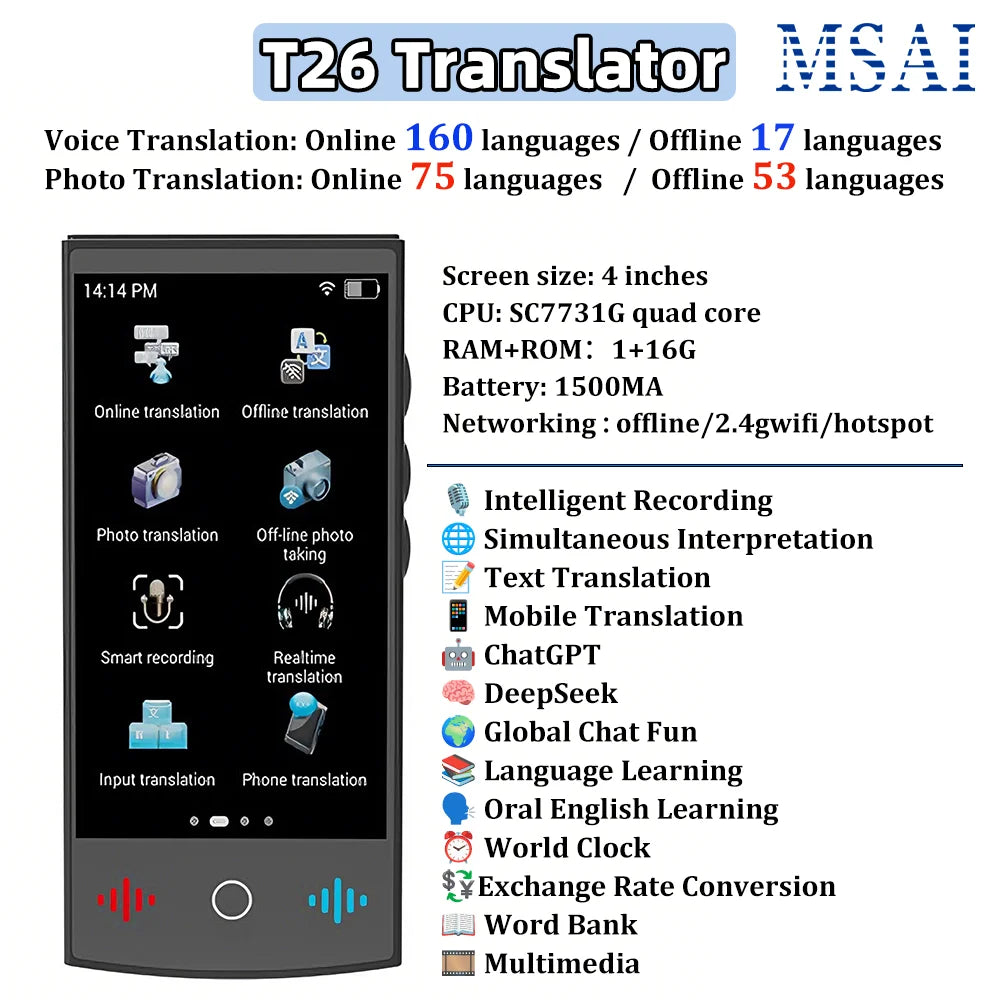 MSAI T26 160 Languages Voice Translator Online Photo 75 Languages Audio Translate 115 Offline Real Time Translation for Travel