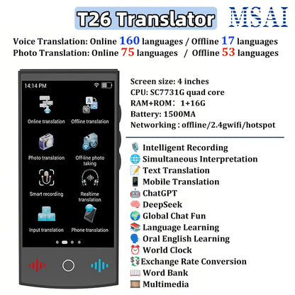 MSAI T26 160 Languages Voice Translator Online Photo 75 Languages Audio Translate 115 Offline Real Time Translation for Travel