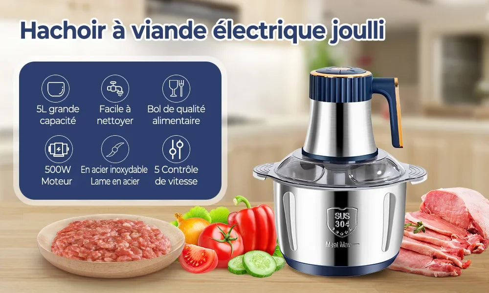 Electric Meat Grinder & Food Chopper 5L – Stainless Steel Multifunction Kitchen Processor