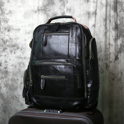 NZPJ Retro Genuine Leather Men's Backpack Top Layer Cowhide Backpack  Fashion Men's Bag Crazy Horse Skin Travel Computer Bag