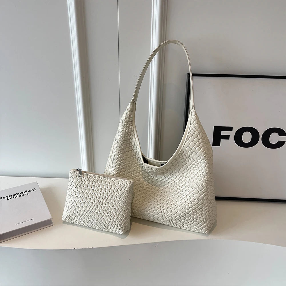 Stylish Women Large Shoulder Bag with Pouch Trendy PU Woven Tote Satchel Bag for Everyday Use and Shopping