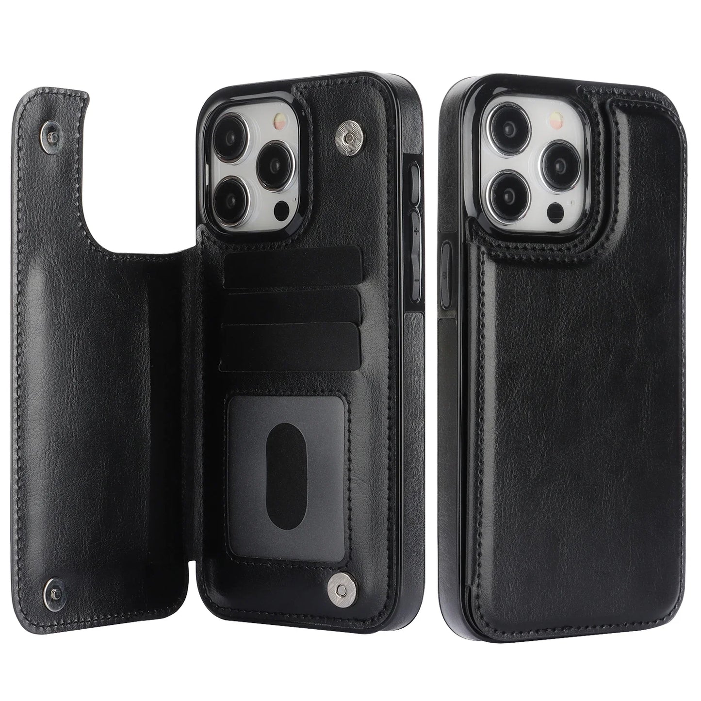 Wallet Double Button With Card Slot Stand Flip Leather Case For iPhone 16e 16 Pro Max 15 Plus 14 13 12 Mini 11 SE3 SE2 X XR 8 7