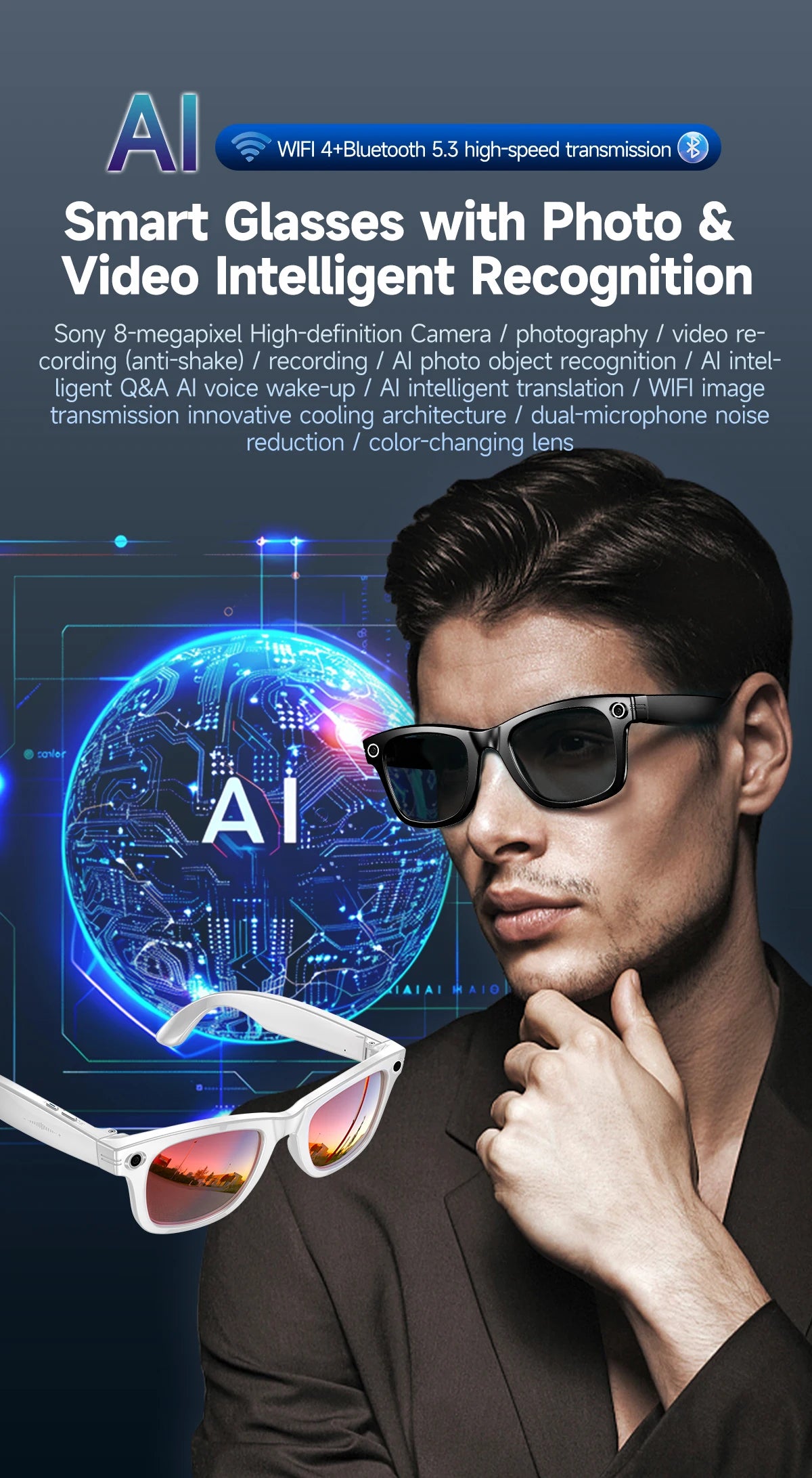 AI Smart Camera Glasses – Photo/Video Recording, Translation & Call Sunglasses (Waterproof)