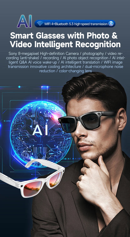 AI Smart Camera Glasses – Photo/Video Recording, Translation & Call Sunglasses (Waterproof)