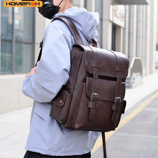 Çantë shpine për burra HOMEFISH, prej lëkure PU, çanta shpine të mëdha për laptop, Mochila mashkullore, çantë shkolle e zezë për adoleshentë, djem, kafe, Sac A Dos