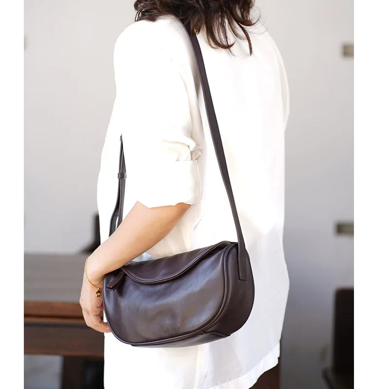 Genuine Leather Crossbody Saddle Bag – Luxury Cowhide Large Capacity Shoulder Handbag