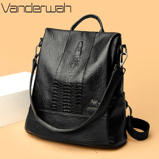 Women’s Crocodile Pattern Leather Backpack – Large Capacity Designer School & Travel Bag