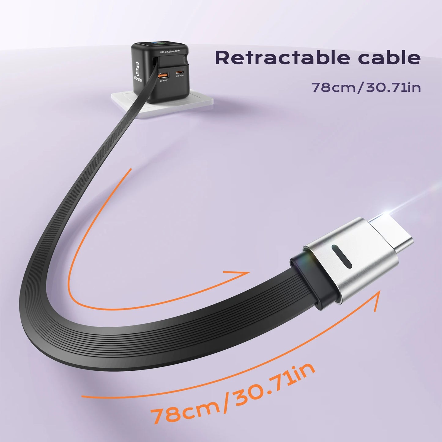 70W GaN 3-in-1 Fast Charger with Retractable USB-C Cable – PD3.0 QC4.0 for iPhone, Xiaomi & Laptop