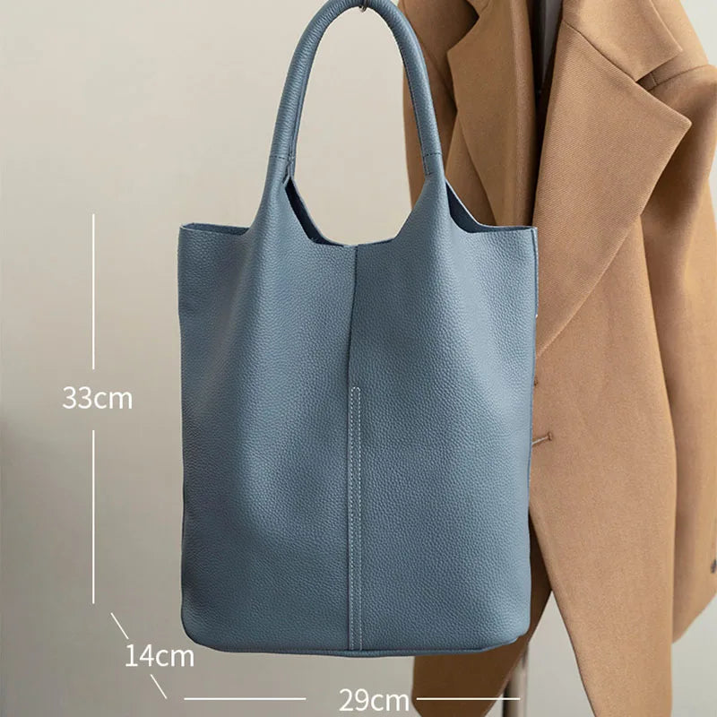 Genuine Leather Bucket Tote Bag – Luxury Cowhide Shoulder Shopper for Women