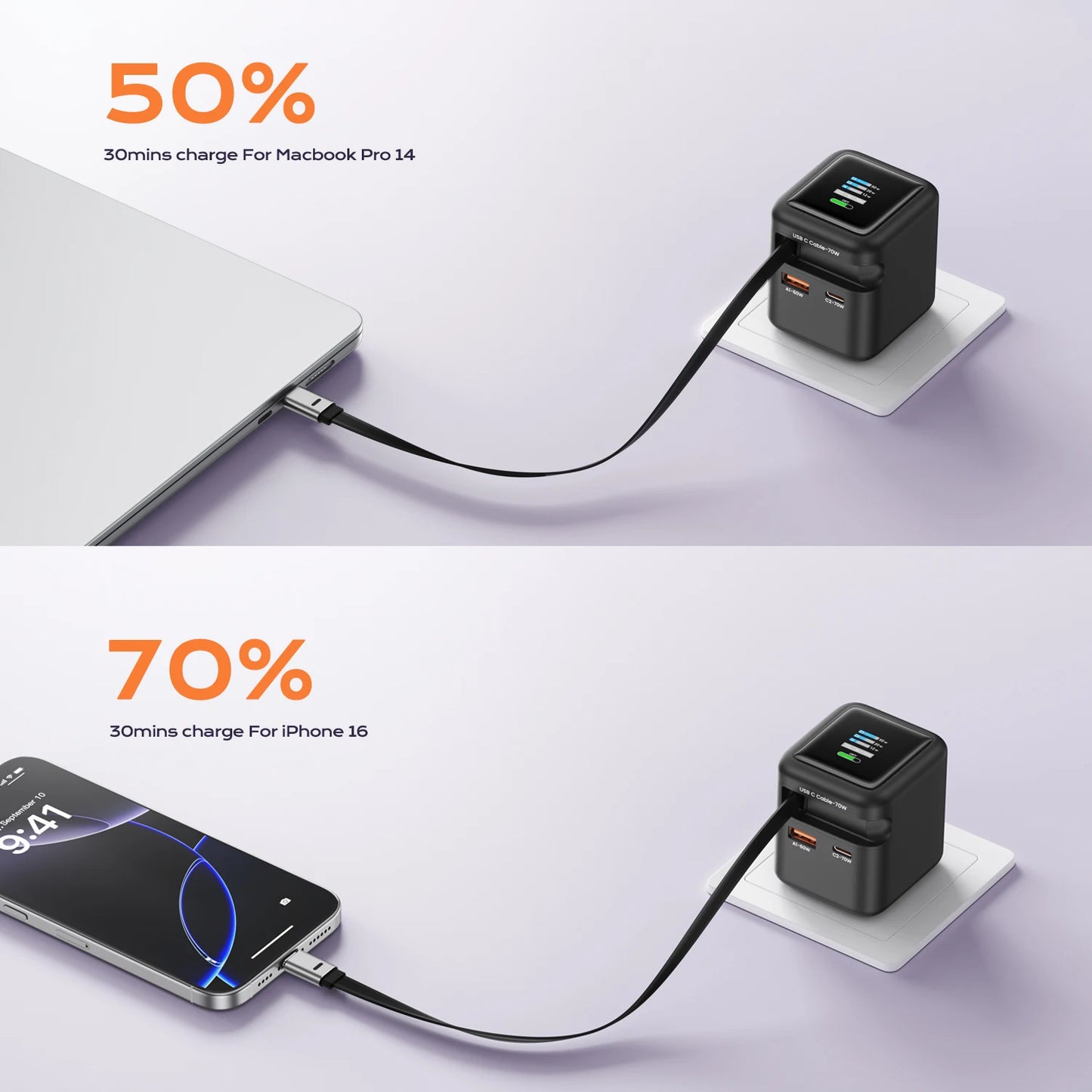 70W GaN 3-in-1 Fast Charger with Retractable USB-C Cable – PD3.0 QC4.0 for iPhone, Xiaomi & Laptop
