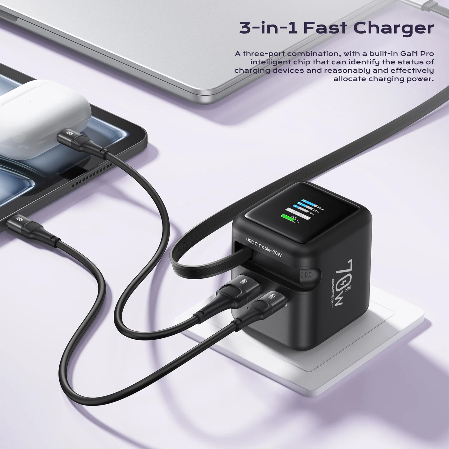 70W GaN 3-in-1 Fast Charger with Retractable USB-C Cable – PD3.0 QC4.0 for iPhone, Xiaomi & Laptop