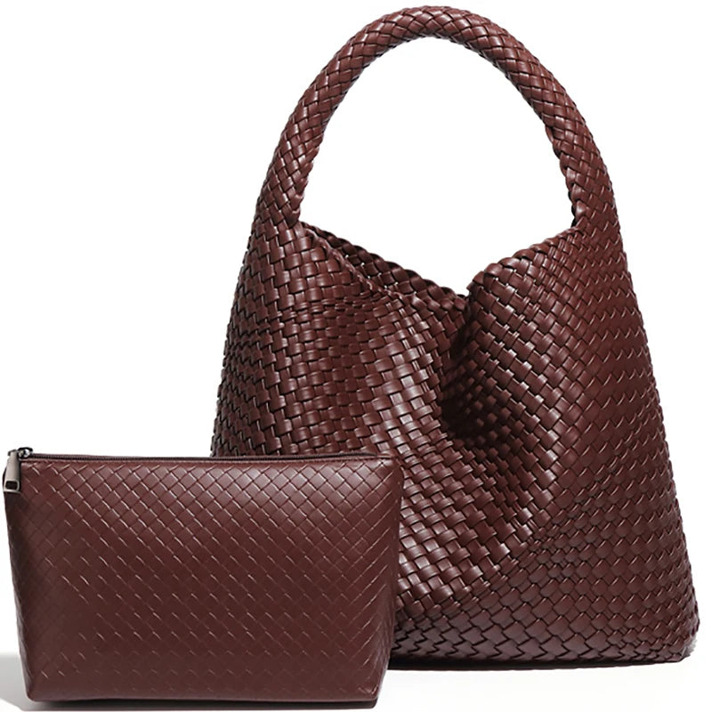 Woven Tote Bag for Women – Large Soft Leather Shoulder Bag with Purse
