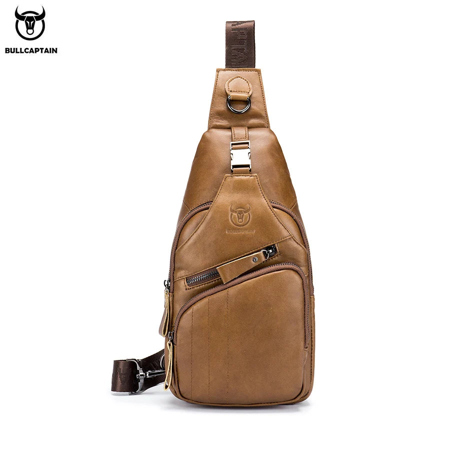 BULLCAPTAIN Genuine Leather Men’s Chest Bag – Large Capacity Casual Crossbody Sling Bag
