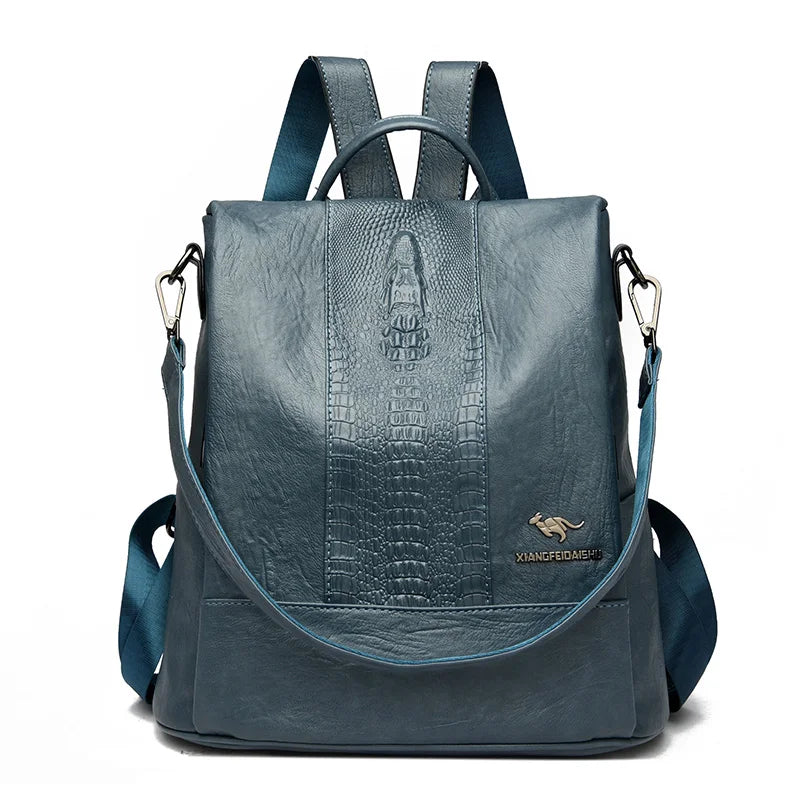 Women’s Crocodile Pattern Leather Backpack – Large Capacity Designer School & Travel Bag