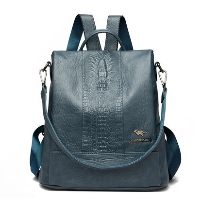 Women’s Crocodile Pattern Leather Backpack – Large Capacity Designer School & Travel Bag