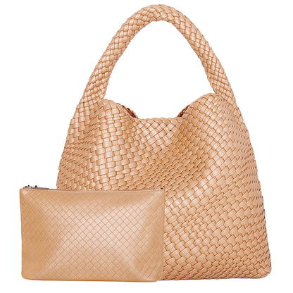 Woven Tote Bag for Women – Large Soft Leather Shoulder Bag with Purse