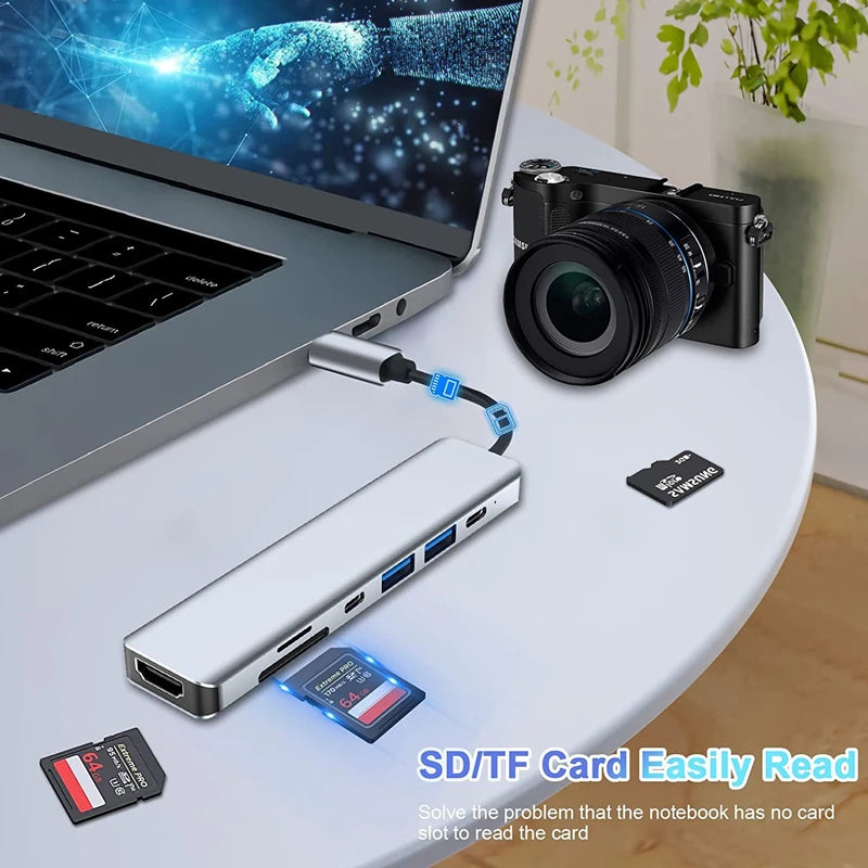 USB-C Hub Adapter – 4K HDMI, SD/TF Card Reader, USB 3.0 & Charging Dock for MacBook & Devices