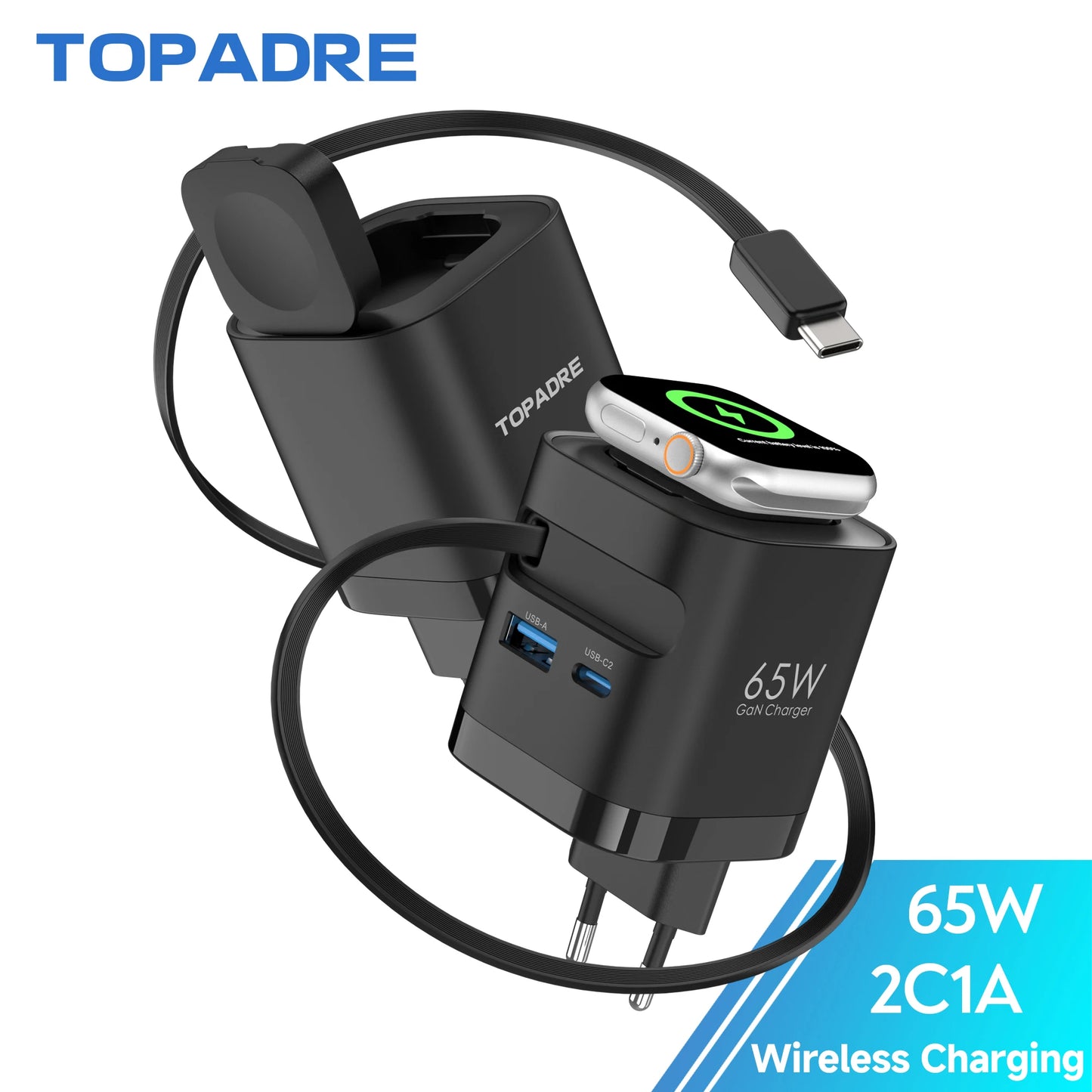 TITLE: TOPADRE 65W Retractable Wireless Charger – Apple Watch, iPhone, iPad & MacBook Foldable Charger
