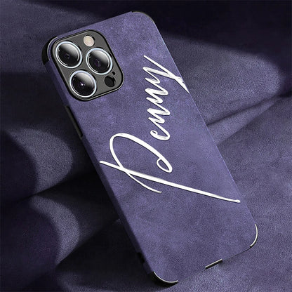 Large Brush Calligraphy Name Customized Phone Case For iPhone 16 15 14 13 12 11 Pro Max Lambskin Faux Leather Shockproof Cover